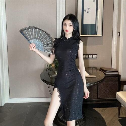 Women Dress Cheongsam Chinese Style Skinny Lace Mini Dress Streetwear Sexy Vintage Harajuku Bag Hip Party Dress Summer Women2021