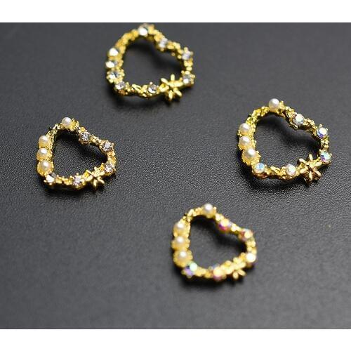 10pcs Gold heart-shaped Flower Pearl rhinestone nail art deco alloy 3D hollow nail charm flash alloy nail Accessory Supply HOT