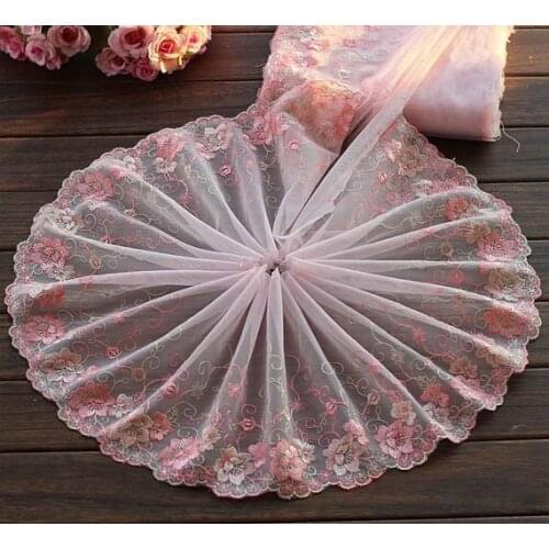 2 Yards Embroidered Lace Trim Pink Rose Floral Embroidered Tulle Lace Trim 8.66 Inches Wide