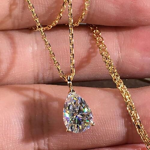 14K Yellow Gold Women Pendants Necklaces Moissanite Diamond 0.5 1 2 3 Carat Pear Water Drop Wedding Anniversary Engagement Party