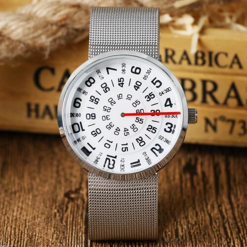 Fashion Special Turntable Dial Design Silver Mesh Stainless Steel Band Strap Modern Men Women Student Quartz Wrist Watch