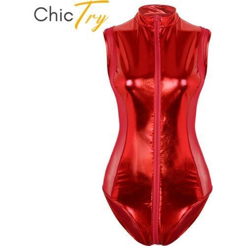 ChicTry Metallic Patent Leather Sheer Mesh Splice Zipper Leotard Women Sexy Bodysuit Club Rave Pole Dance Performance Costume