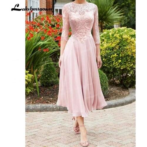 ElegantPink Mother Of The Bride Dresses Sheath Scoop 3/4 Sleeves Chiffon Appliques Groom Short Dress Mother dress