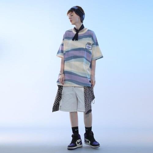 Men T Shirt Summer Striped Short Sleeve O Neck America Style Retro Oversized Japan Style Harajuku Hip Pop Streetwear Couple Tops