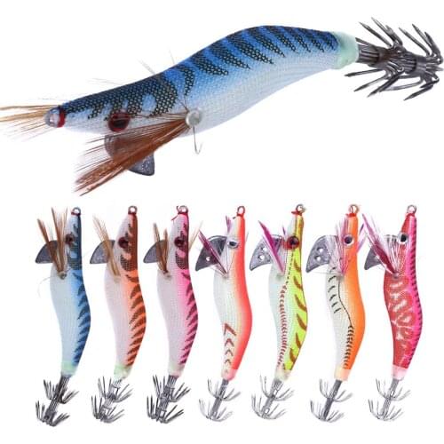 Hengjia 7pcs 2.0# 8cm 7.5g Luminous Squid Jig Fishing Lures Artificial Wood Shrimp Hooks Octupe Jigs Sea Fishing Bait Tackle
