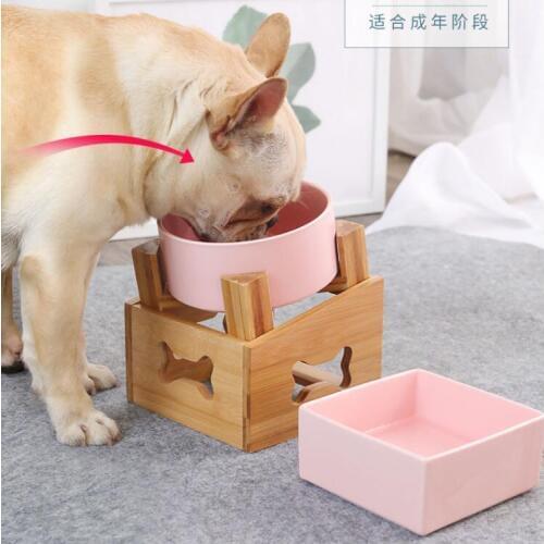 Round Square Colorful Ceramic Dog Cat Pet Bowl Feeding Feeder with Bamboo Tray High Capacity Large Diameter Water Bowl Supplies