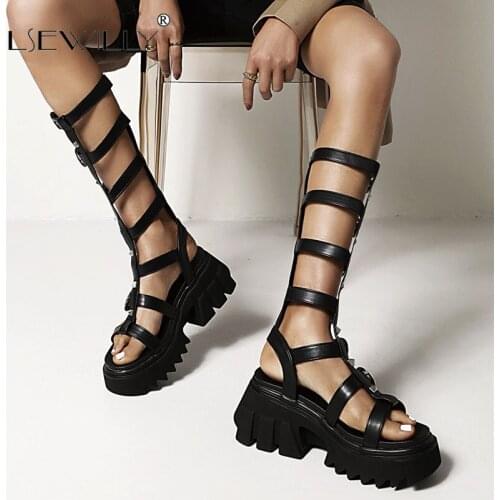 Lsewilly Black Wedge Platform Gladiator Rivets Womens Sandals Sexy Buckle High Heels Party Wedding Roman Shoes For Women