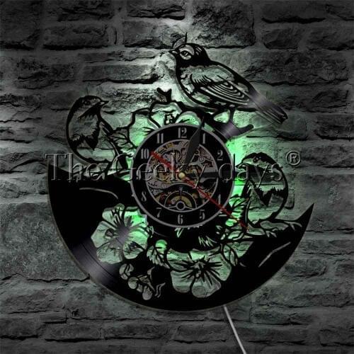 Sparrows on Tree And Flowers Vinyl Record Wall Clock With LED Backlight Birds Family Creative Wall Watch Home Decor