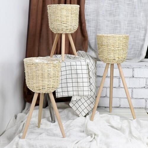 Nordic creative rattan straw flower basket wooden high flower stand floor type indoor living room decoration green flower pot