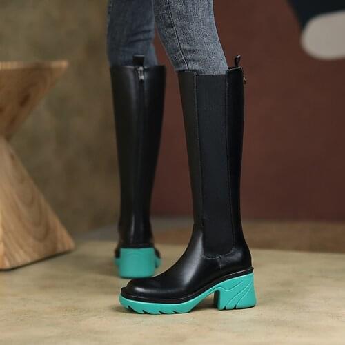 2021 New Women Knee High Chelsea Boots Real Leather Patchwork Winter Ladies Long Boot Fashion Cool Woman Shoes Daily Footwear