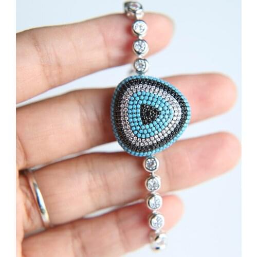 2017 New arrive silver color High quality pave Blue Aqu. stone Evil eye shape bezel Tennis cubic zirconia bracelet