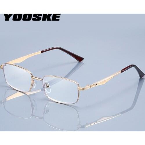 YOOSKE Anti Blue Light Reading Glasses Men Business Metal Square Presbyopic Eyeglasses Full Frame Eyewear Diopter +1.5 2.0 4.0