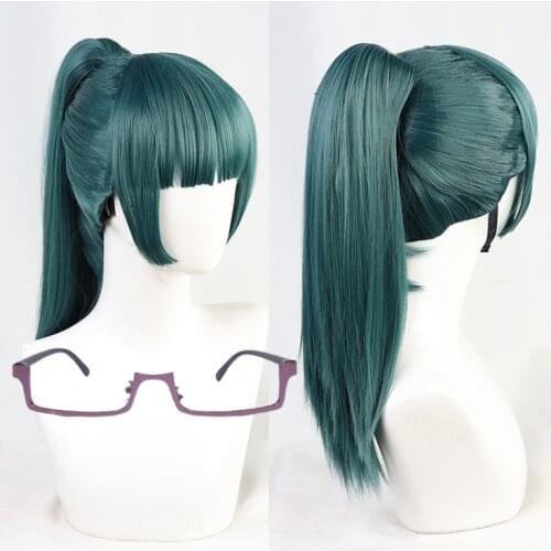 Maki Zenin Cosplay Wig Anime Jujutsu Kaisen Dark Grenn Ponytail Heat Resistant Synthetic Hair Cosplay Wigs + Wig Cap + Glasses