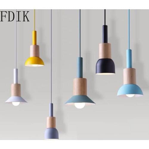 Modern Bar Wood Pendant Lights Nordic Macaron Aluminum Hanglamp Colorful Led Hanging Lamp for Bedroom Kitchen Vintage Home Decor