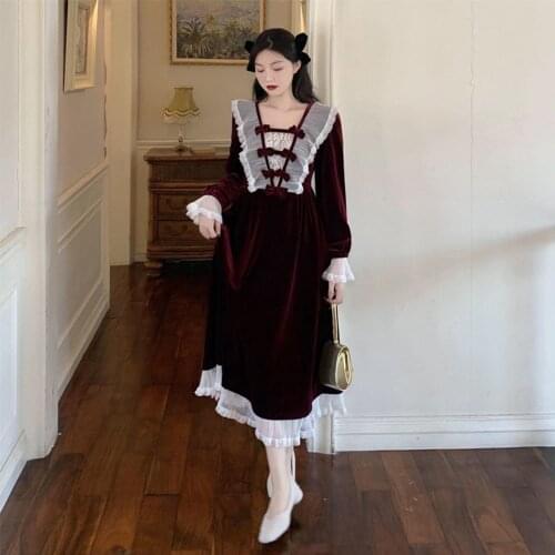 French Vintage Velvet Mid-length Dress Court Style Wine Red Dress Sweet Bow Lace Ruffled Long Sleeve Evening Party Elegant Dress
