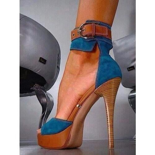 Platform Denim Ankle Buckle Sandals Peep Toe Cut Out Cover Heel Thin Stiletto High Heel Shoes Dress Women Runway Sandals