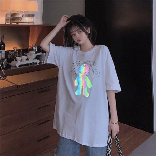 Womens T-shirts Tops Japanese Kawaii Ulzzang Loose Letter Reflective Print Tshirt Female Korean Harajuku Clothes For Women