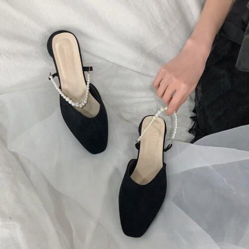 Women Shoes 2021 Black Wild Fairy Style Toe Cap Sandals Square Toe Pearl Slippers Thick Heel Sandals Ladies