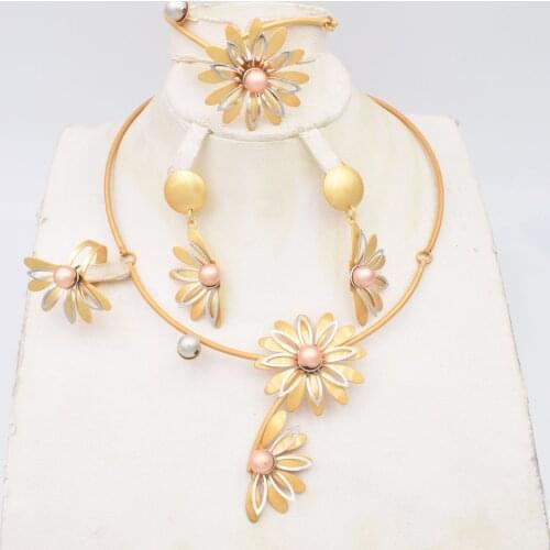 High Quality Big flower Dubai Italy 750 Gold color Jewelry BIG Set For Women african beads jeweLry fashion set earring jewelry H