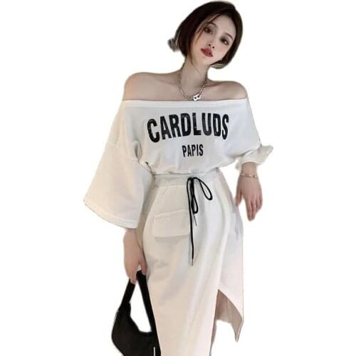 Summer Dress For Women 2021 Fashion Suit Sports One-Shoulder Design Irregular Split Half-Length Skirt Two Piece Set Women
