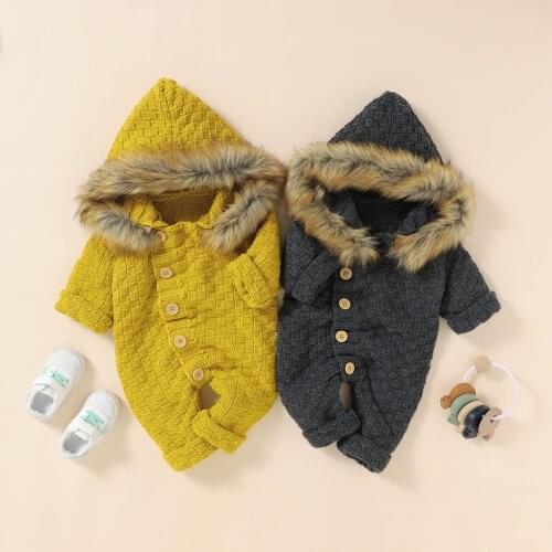 FOCUSNORM 5 Colors Baby Girls Boys Winter Jumpsuits 0-24M Solid Knit Long Sleeve Single Breasted Hooded With Fur Sweater Romper