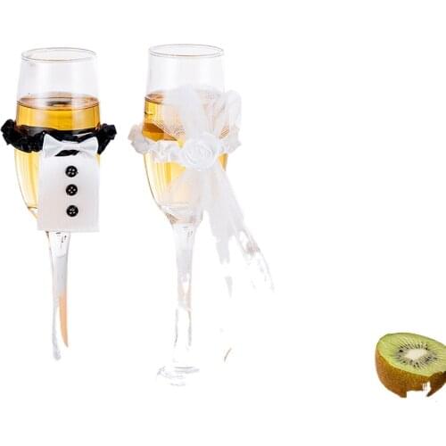 2PCS Cup Decor Bride Groom Tux Bridal Veil Wedding Party Holiday Toasting Wine Glasses Cup Decor Supplies Accessories Gadgets