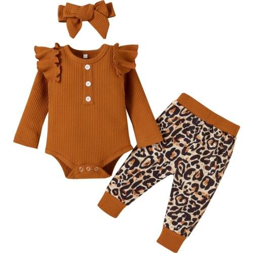 0-18M Autumn Lovely Toddler Baby Girls Clothes Sets Solid Knit Ruffles Sleeve Bodysuit Tops Leopard Pants Headband 3pcs Clothes