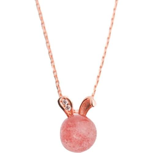 925 Sterling Silver Clavicle Chain Jewelry Sweet Lovely Rabbit Strawberry Quartz Pink Crystal Nature Stone Gemstone Necklace