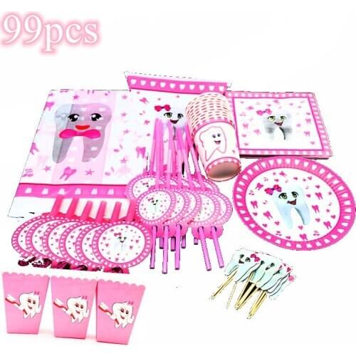 99pcs Pink Teeth Birthday Party Supplies First Tooth Disposable Plates Cups Napkins Tablecloths Banners Girls Party Tableware