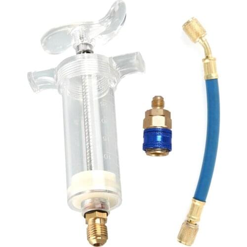 A/C Oil Dye Injector 30ml 1oz with Low Side Quick Coupler Adapter 1/4 in Manual Oiler Oil Injector Adapter SAE R134 Clear hose