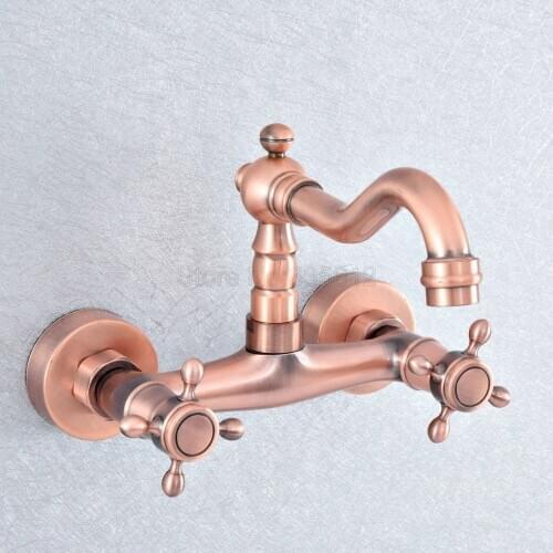 Antique Red Copper Bathroom Kitchen Sink Faucet Mixer Tap Swivel Spout Wall Mounted Double Handles tsf862