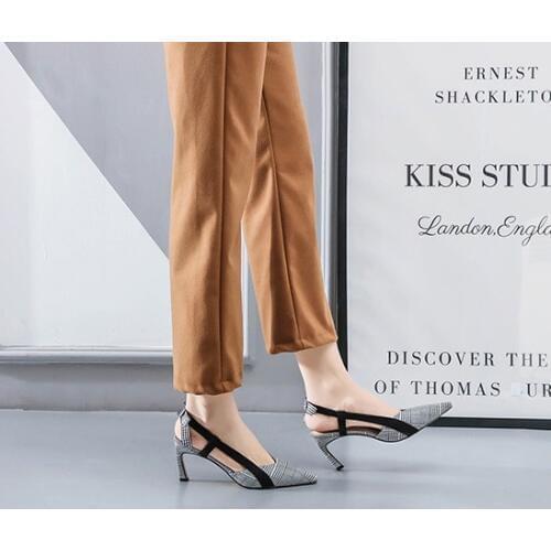 2020 Summer Autumn Pointed Houndstooth High Heels Sandals Ankle Strap With Bow Office Sweet Style