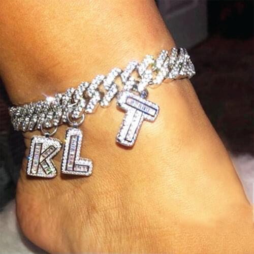 New Crystal Baguette 26 Initials DIY Name Cuban Link Anklet Bracelets For Women Iced Out Letter Chunky Ankle Chain Party Jewelry