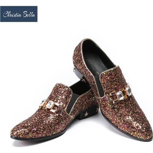 Christia Bella Gold Sequin Celebrate Dress Shoes Mens Fashion Nightclub Stage Costume Shoes for Men Brand Designer Oxford Shoes