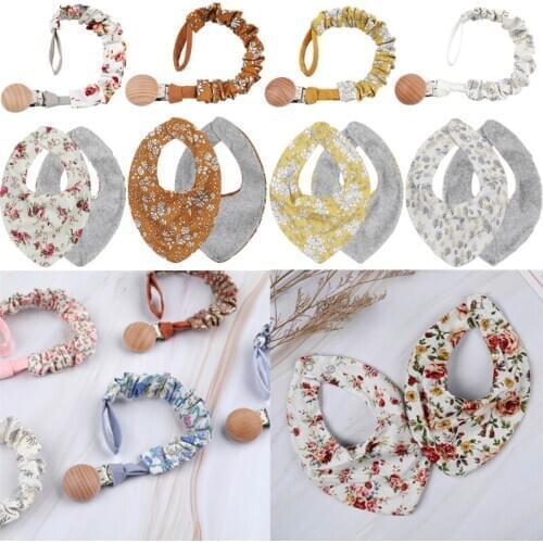 Flower Print Baby Bibs with Pacifier Clips Baby Pacifier Clip Chain Soother Clips Newborn Cotton Bib Saliva Towel Nipple Holder