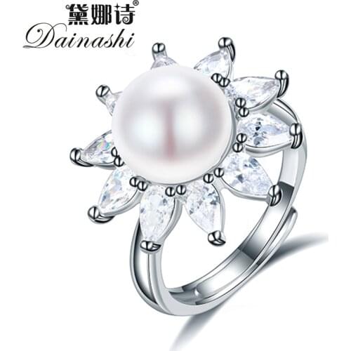 Dainashi Fine Jewelry Freshwater Cultured Pearl Ring Party Gift 925 Sterling Silver Flower Zircon Adjustable Ring for Women