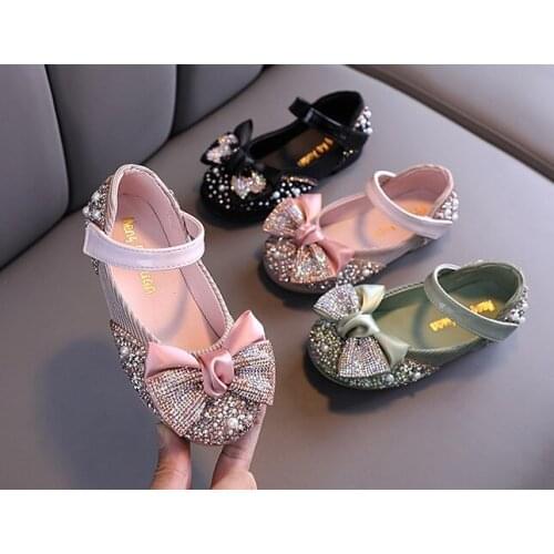 2021 New Children Leather Shoes Rhinestone Bow Princess Girls Party Dance Shoes Baby Student Flats Kids Performance Shoes 21-36
