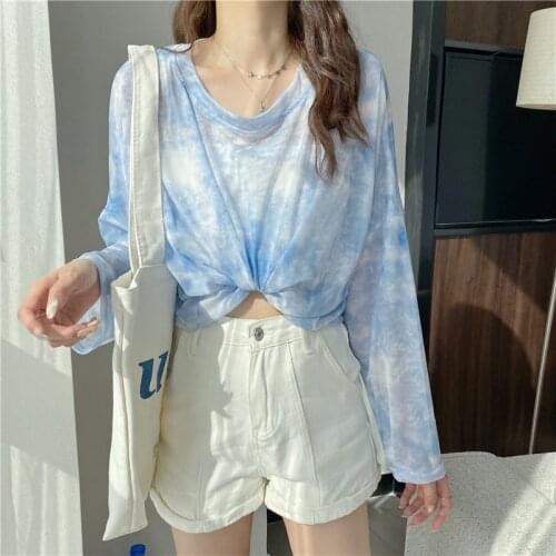 T-shirt Female New Korean Loose Round Neck Tie-dye Thin Sunscreen Long-sleeved T-shirt