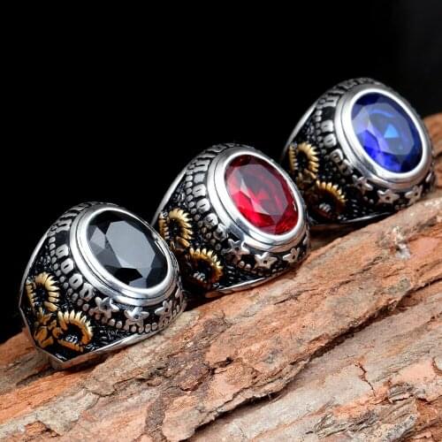 Retro Simple Carved Sheepshead Crystal Ring Gothic Mens Inlay Zircon Ring Punk Mens Hip Hop Motorcycle Party Jewelry
