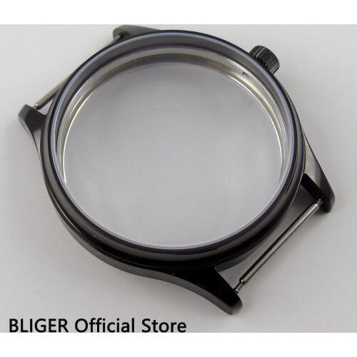 Bliger 44MM Full Black Round PVD Watchcase mineral glass Fit ETA 6497 6498 Hand Winding Mens Movement for Watch Parts