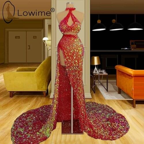 Red Two Pieces Mermaid Evening Dresses 2021 Sexy High Split Evening Gowns Custom Made Long Formal Party Dresses