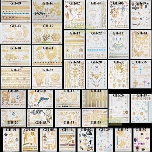 Hot Sale 1PC GH Series Gold Silver Black Women Men Temporary Metallic Waterproof Flash Tattoo Cross Elephant Lion Eagle Tatuagem