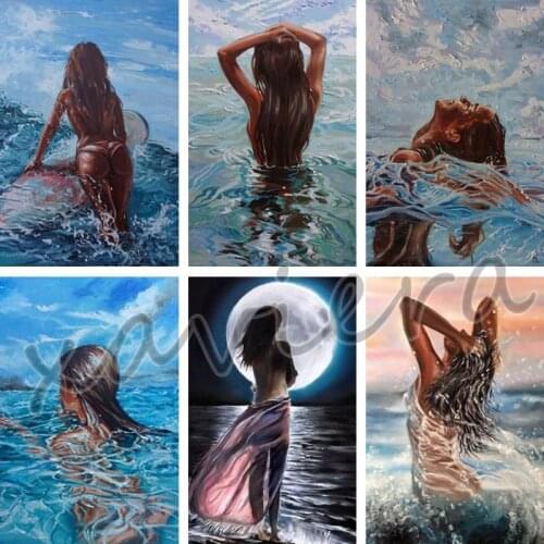 Xaviera Diy 5D Diamond Painting Sea Sexy Girl Full Round Drill Rhinestones Mosaic Cross Stitch Kits Blue Krystal Embroidery Gift