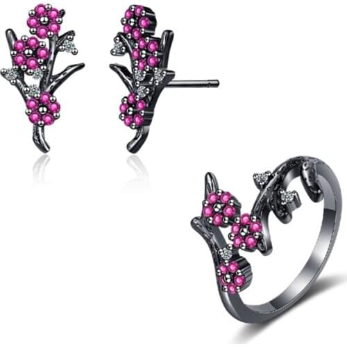 New Arrival Women Silver Plated Earrings Ring Set Jewelry Charms Crystal Plum Branches Earring For Girl Engagement Ring Present