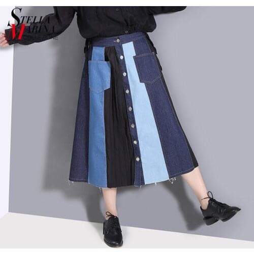 New 2021 Woman Elastic Waist Patchwork Style Autumn Blue Denim Skirt Style Pocket Buttons Girls Casual Stylish Jean Skirt 8509