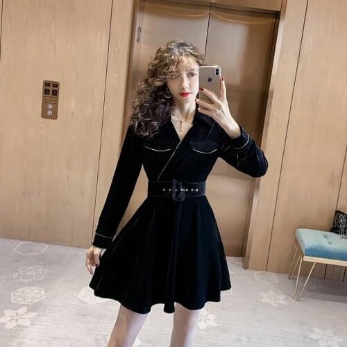 2020 Spring New Women Fashion Dress V-neck Long Sleeve Belted Vleour Black Dress High Quality Retro Party Dress Vestidos Mujer