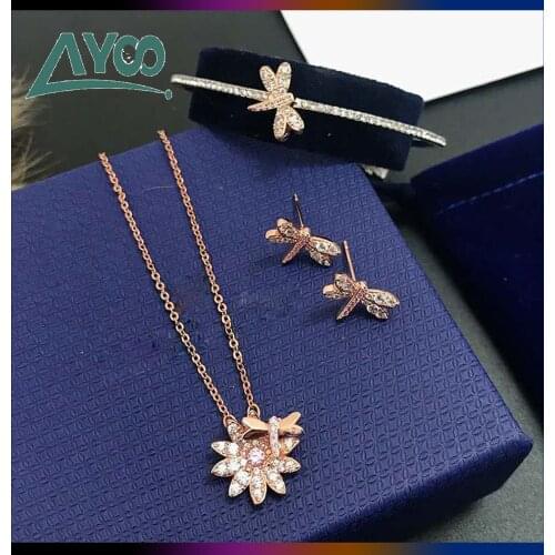 SWA Fashion Jewelry Original 1:1 Charming New Pure Dragonfly Daisy Flower Necklace Bracelet Earring Set Romantic Gift For Women