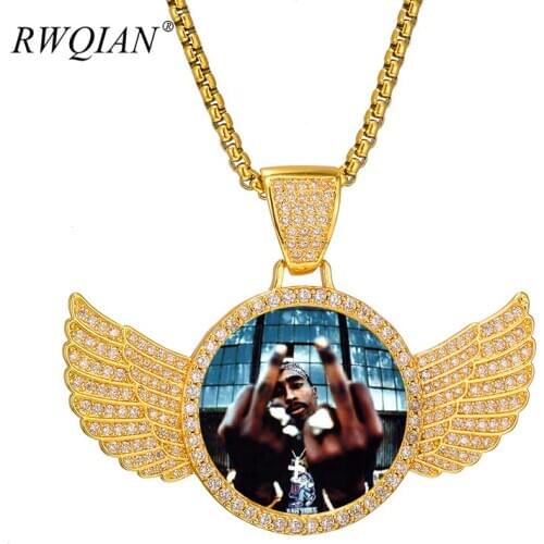 Luxury Custom Photo Necklace Ice Out Crystal Angel Wings Pendants Necklacess 18K Gold Chain Cubic Zircon Mens Hip Hop Jewelry