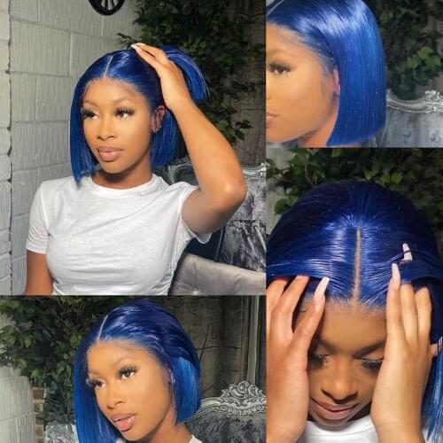 Blue BOB Wig Lace Front Human Hair Wigs Preplucked 180% Remy Hair Bleached Straight Short BOB Lace Front Wig Dark Blue BOB Wigs