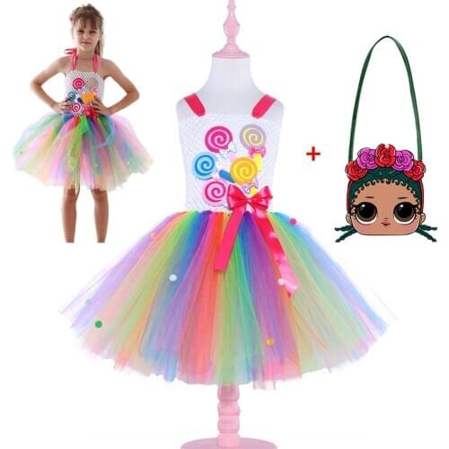 Sweet Rainbow Candy Girls Tutu Dress Ankle Length Colorful Balls Lollipop Cosplay Costume Kids Happy Purim Birthday Clothes+Bag